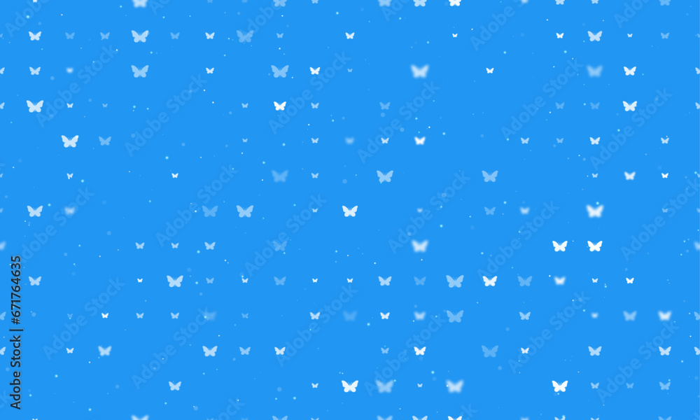 Poster seamless background pattern of evenly spaced white butterfly symbols of different sizes and opacity.
