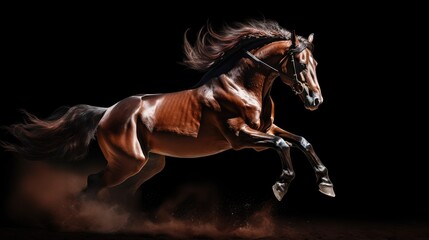  a horse is galloping in the dark with it's front legs in the air and it's front legs in the air.  generative ai
