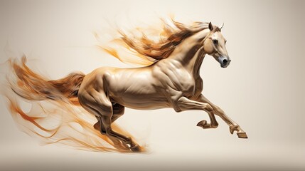 Naklejka na ściany i meble a digital painting of a running horse with long manes and hair blowing in the wind on a white background. generative ai