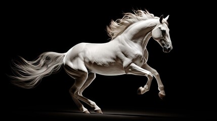Naklejka na ściany i meble a white horse is galloping in the dark with its tail in the air and it's back legs in the air. generative ai