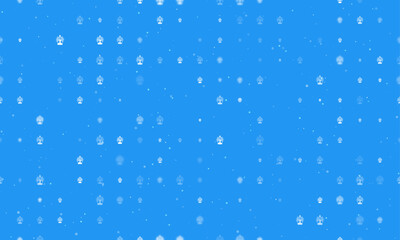 Seamless background pattern of evenly spaced white mystical tree in bottle symbols of different sizes and opacity. Vector illustration on blue background with stars