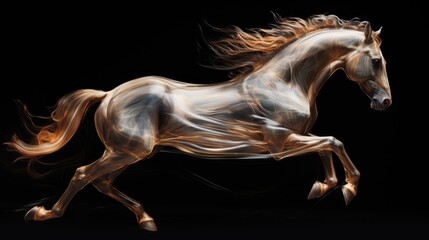  a blurry photo of a horse running on its hind legs, with its hair blowing in the wind, on a black background.  generative ai
