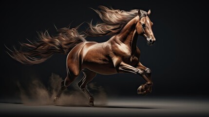  a horse is galloping through the air with it's hair blowing in the wind, on a black background.  generative ai