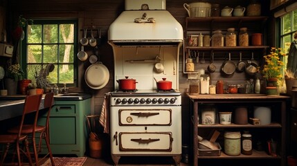 A quaint countryside kitchen adorned with enamelware, mason jars, and a vintage stove.