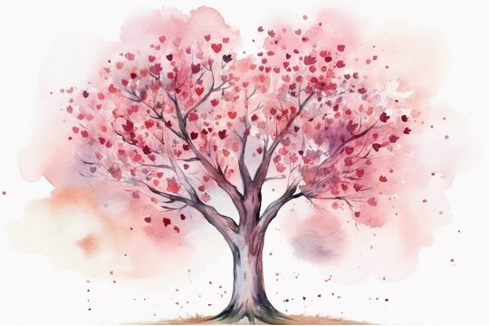 Naklejki Watercolor heart love tree perfect for weddings and Valentine's Day. Generative AI