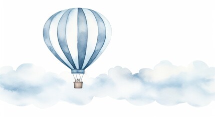  a watercolor painting of a hot air balloon flying in the sky with a cloud of blue and white around it.  generative ai