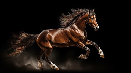  a brown horse is galloping on its hind legs with its tail in the air and it's back legs in the air.  generative ai