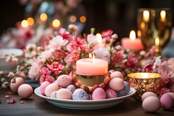 A warm candlelight, paired with delicate pastel easter eggs, offering a scene of springtime serenity and charm