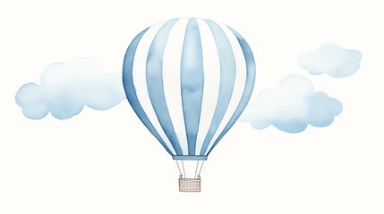  a blue and white striped hot air balloon flying in the sky with a cloud filled sky in the back ground.  generative ai