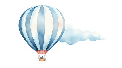  a blue and white striped hot air balloon with smoke coming out of it's side, on a white background.  generative ai