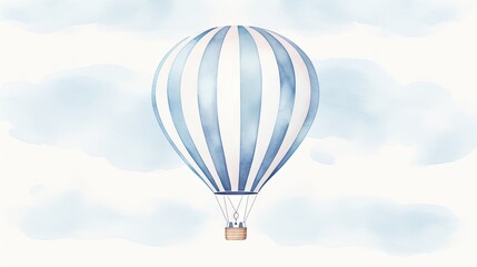 Fototapeta na wymiar a blue and white striped hot air balloon flying in the sky with clouds in the back ground and a blue and white striped balloon. generative ai