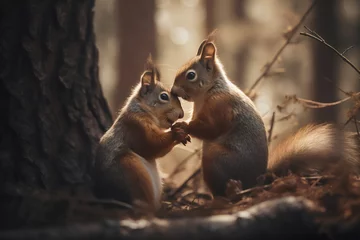 Fotobehang Squirrels in the autumn forest. Squirrels in autumn forest. squirrel couple. Generative AI. © Artistic Avenue