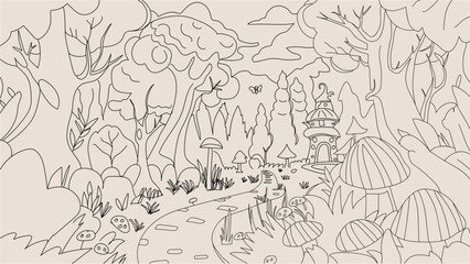 Forest line art design for coloring book