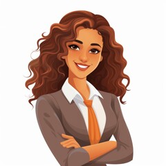 Smiling Teen Indian Woman with Brown Curly Hair Flat Illustration. Portrait of Business Character on white background. Business Person in Casual Clothes. Ai Generated Square Cartoon Illustration.