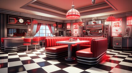 A retro-themed diner featuring a black-and-white checkered floor, red leather booths, and a jukebox...