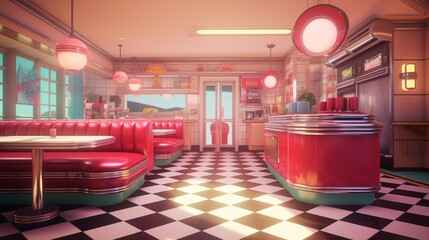 A retro diner, featuring a checkered floor, booth seating, and a classic jukebox.