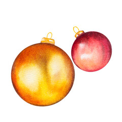 Watercolor illustration of Christmas tree holiday decorations for your design. A set of Christmas balls.