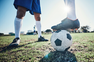 Legs, soccer and ball with players ready for kickoff on a sports field during a competitive game closeup. Football, fitness and teamwork on grass with a team standing in boots to start of a match - obrazy, fototapety, plakaty