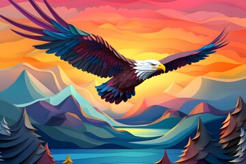 a colorful eagle flying over mountains