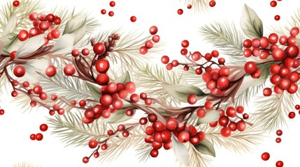  a branch of a christmas tree with red berries and green leaves on a white background with red berries and green leaves.  generative ai