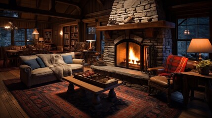 A rustic cabina??s living room replete with a roaring fireplace, handwoven rugs, and antique furnishings.