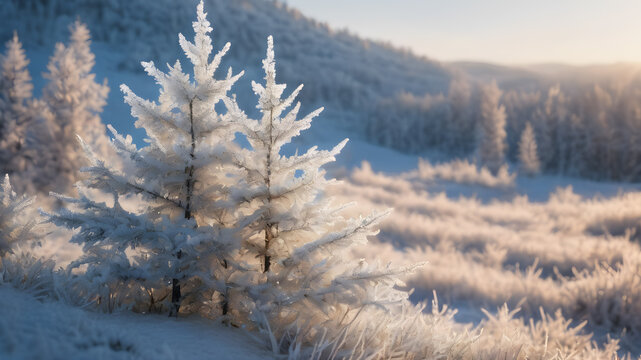 snow covered branches of tree, morning in the forest, nature illustration © Kawaii