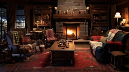 A rustic cabina??s living room replete with a roaring fireplace, handwoven rugs, and antique furnishings.