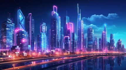 Fototapeta na wymiar Neon night city of the future. Night panorama of the city, neon light, lights of a large metropolis, high-rise buildings. 3D illustration