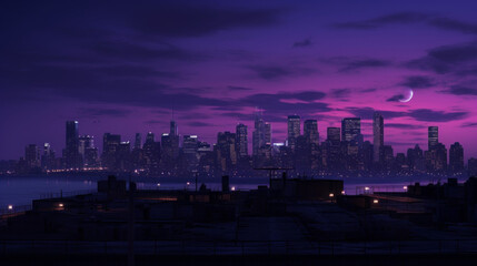 Fototapeta premium An industrial cityscape glows in the twilight, with the tall buildings silhouetted against a deep purple sky The streets are empty, but the lights from the buildings give the city a vibrant feel