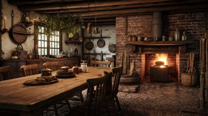 Fototapeta na wymiar A rustic farmhouse kitchen featuring a long wooden table, vintage utensils hanging on the wall, and a brick fireplace in the corner.