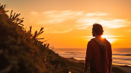 Fototapeta premium Lonely man surfer holding surfboard on the sunset beach. AI generated image