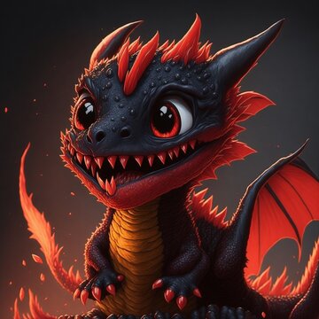 Red and Black Cute Little Baby Dragon Anime Style Ai image