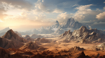 An impressive array of intricately designed tapestries depicting a fantastical landscape of mountains and deserts