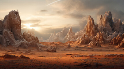 Naklejka premium An impressive array of intricately designed tapestries depicting a fantastical landscape of mountains and deserts