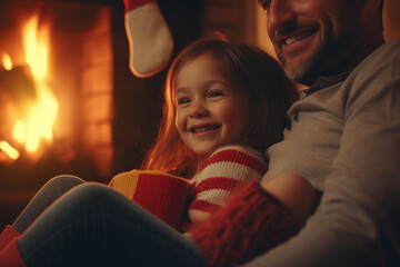 Warm Winter Moments: Happy Father and Daughter by the Fireplace at Home - obrazy, fototapety, plakaty