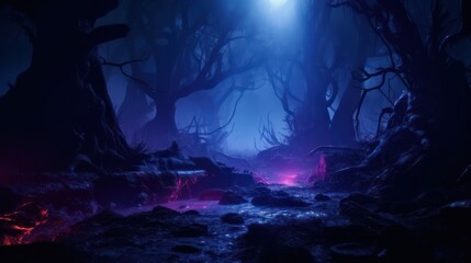 Fototapeta na wymiar Night magical fantasy forest. Forest landscape, neon, magical lights in the forest. Fairy-tale atmosphere, fog in the forest, silhouettes of trees