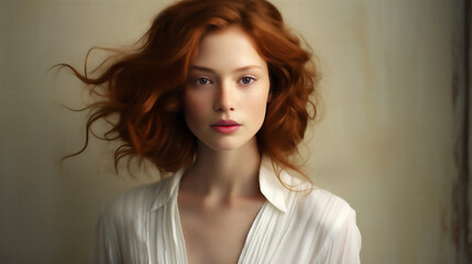 Fototapeta premium Portrait of a beautiful fashion model with red hair and wearing a white shirt. Highlighting a natural, healthy complexion, skin care and cosmetics.