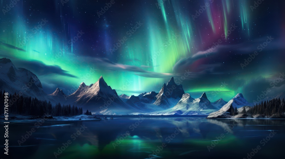 Poster northern lights against the background of mountains at night - Posters
