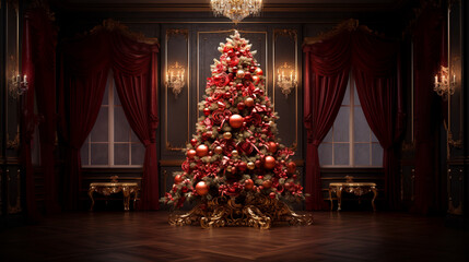 christmas tree with christmas decorations  in the room interior decoration New Year's studio holiday celebration desktop wallpaper
