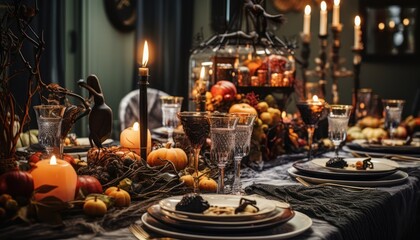 Fototapeta na wymiar Photo of a Spooky Halloween Dinner Table with Eerie Decorations and Ghoulish Pumpkins
