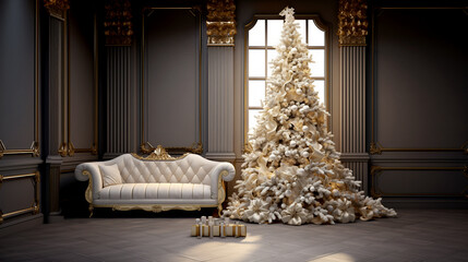 christmas tree with christmas decorations  in the room interior decoration New Year's studio holiday celebration desktop wallpaper