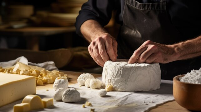 Cheese making artisan cheese maker in the kitchen, AI