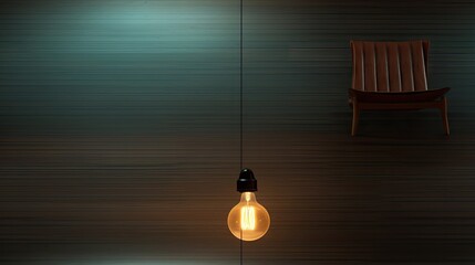  a light bulb hanging from a ceiling next to a chair and a wall with a wood paneled wall behind it.  generative ai