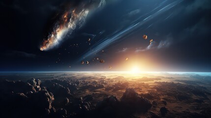 passing comet entering the atmosphere of planet earth, cinematic style - obrazy, fototapety, plakaty