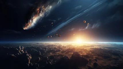 Deurstickers passing comet entering the atmosphere of planet earth, cinematic style © Terablete