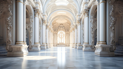 Fototapeta na wymiar An impressive, marble-walled hallway with a high ceiling