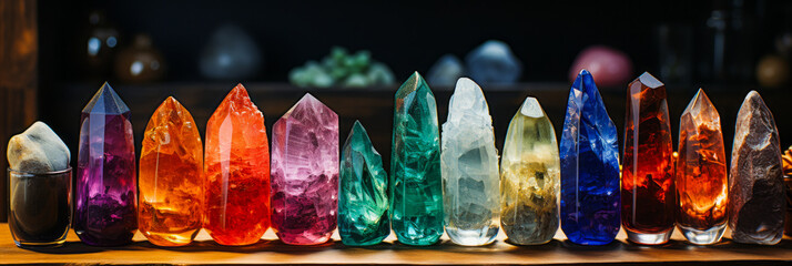 Multicolored chakra crystals arranged on a background. - obrazy, fototapety, plakaty