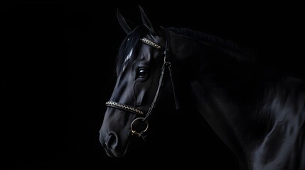 a black horse with a bridle