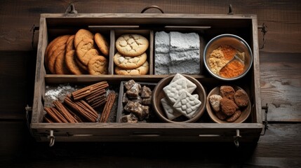  a wooden box filled with lots of different types of cookies and other food items on top of a wooden table.  generative ai
