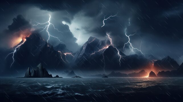 Night sea dramatic landscape with a storm. Night storm on the ocean. Gloomy giant waves and lightning. Dark cloudy sky above the water